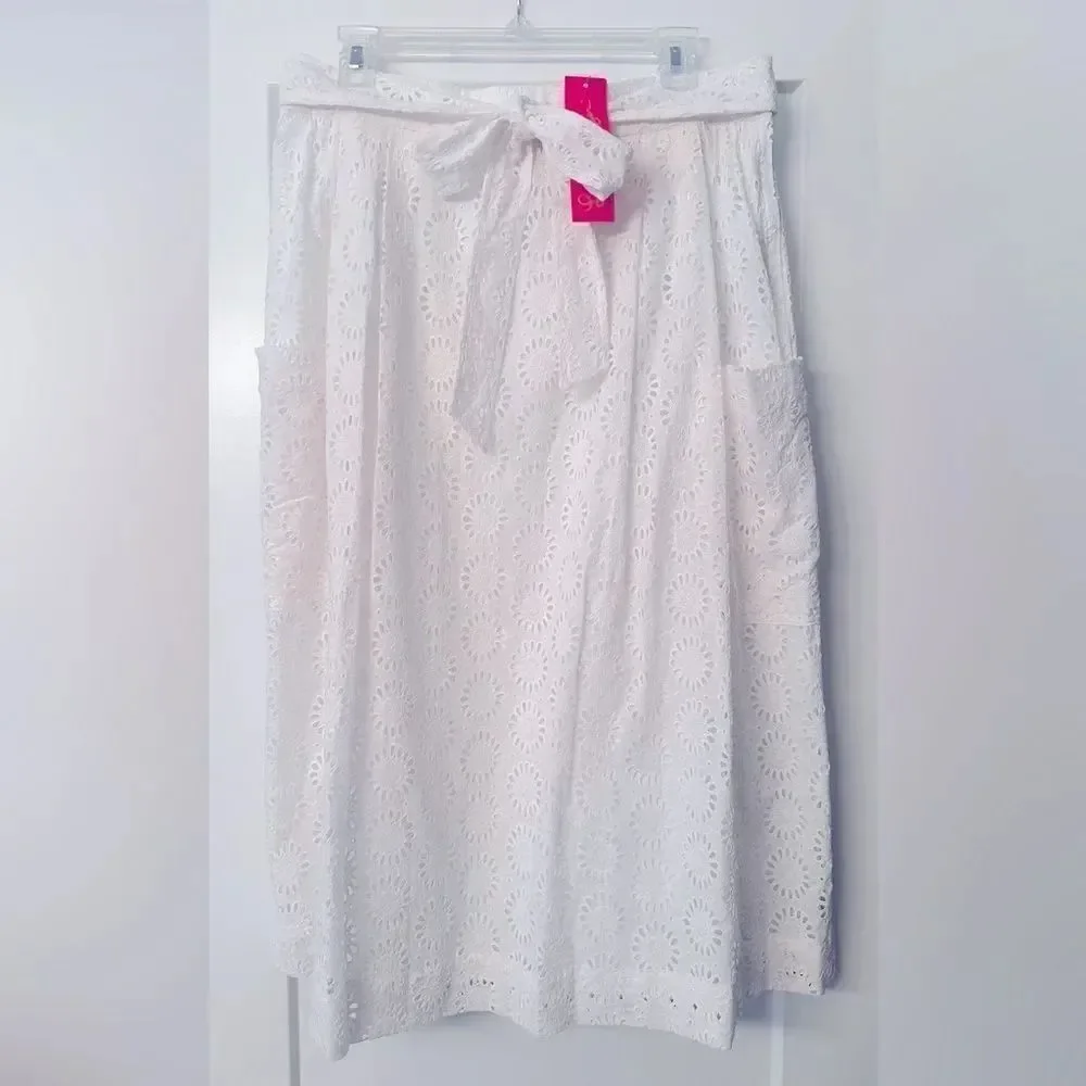 NEW Lilly Pulitzer PIER MIDI SKIRT w SASH Resort White Sunshine EYELET